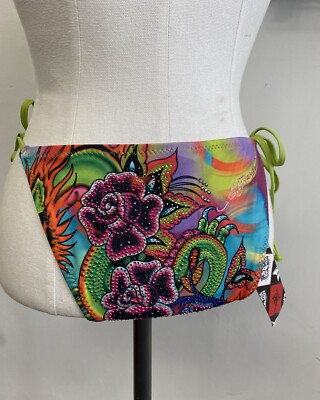 Y2K DEADSTOCK ED HARDY Dragon Rhinestone Tattoo Sexy Neon Bikini Bottom S