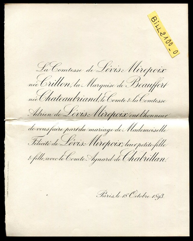 Faire Part Mariage Comte Aymard De Chabrillan / Mlle FÃ©LicitÃ© De LÃ©Vis Mirepoix