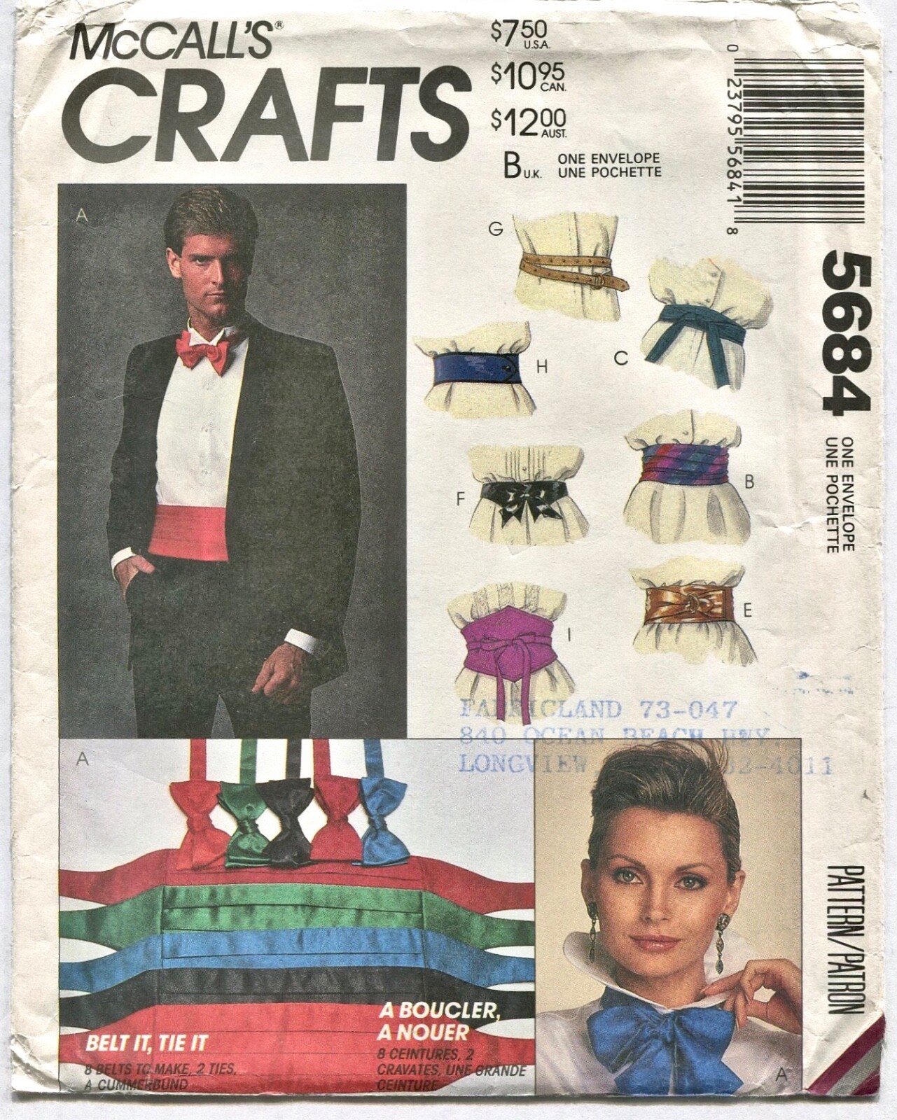 【再入荷】 McCall's Belts Tie Bow Cummerbund Pattern Sewing FF 5684 ウェア