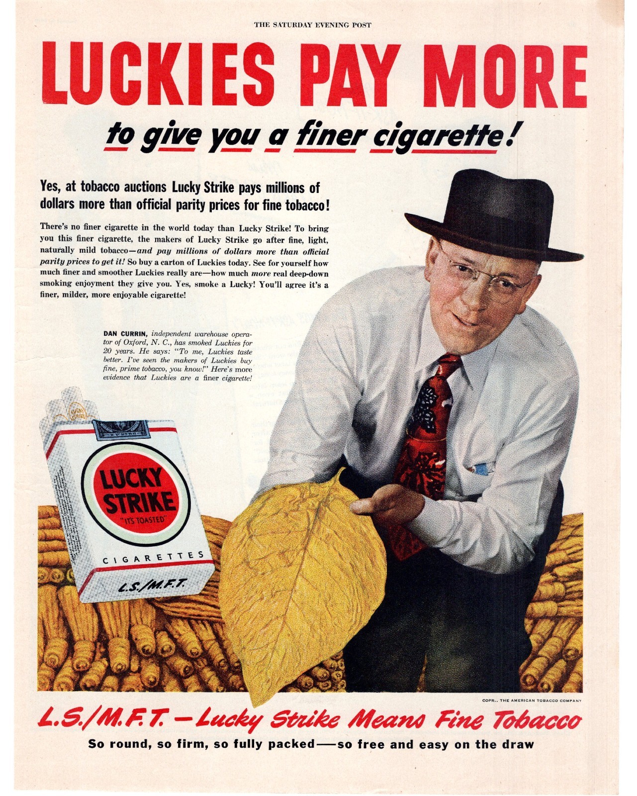 1949 Lucky Strike Luckies Pay More To Give Finer Cigarette! Single Page Print Ad