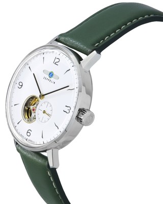 Pre-owned Zeppelin Lz129 Hindenburg Green Leather Strap Open Heart Dial Z80661n Mens Watch