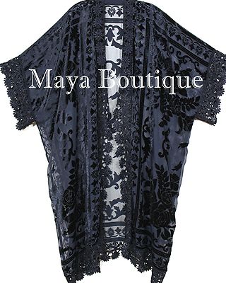 Pre-owned Maya Matazaro Lace & Burnout Velvet Kimono Caftan Jacket Duster Black  Plus