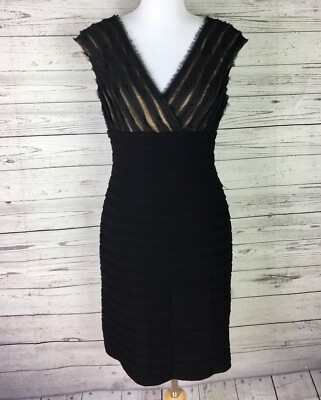 Adrianna Papell Women s Black Tan V-Neck Beaded Tiered Sleeveless Sheath Dress 8