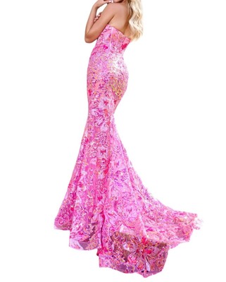Pre-owned Scarlett Portia& Floral Appliqué Strapless Corset Fit-and-flare Gown With Sweep In Pink
