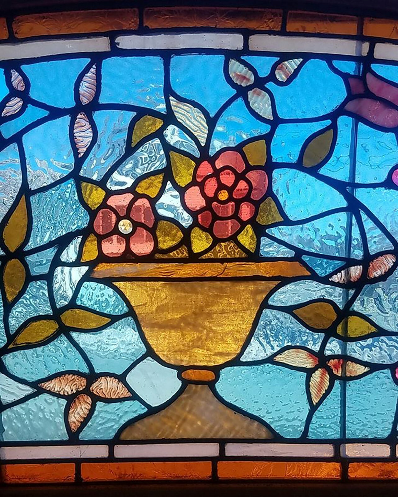VICTORIAN ERA FLOWER POT STAINED GLASS WINDOW