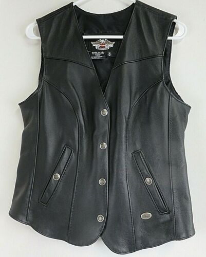 Ladies Harley Davidson Black Leather Sleeveless Vest Pockets Metal Snaps M