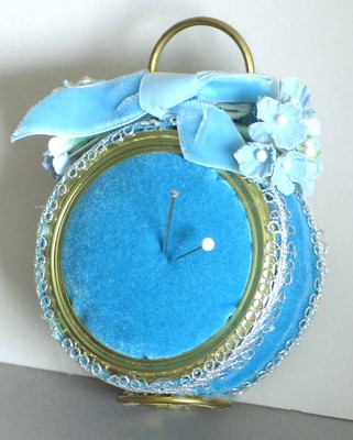 Hand Made Sewing Pin Cushion Blue Velvet Stands or Hang 4