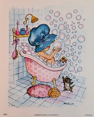 Bernard Picture Co Prints Little Girl Bubble Bath, Kitten; Litho 5 ×6  Michael