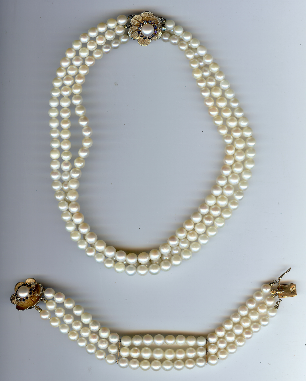 VINTAGE MGM 14K GOLD CULTURED PEARL SAPPHIRE THREE STRAND