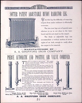 1889 AA Griffing Iron Co  Sotter Patent Adjustable Bundy Radiator Print Ad 51