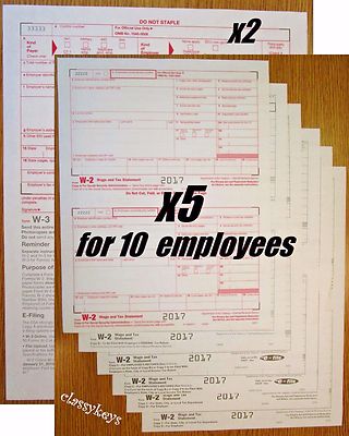 2017 IRS Tax Form W-2 Wage Stmts LASER 10 employees +(2)W3 #TF5650 6-pt NO Env