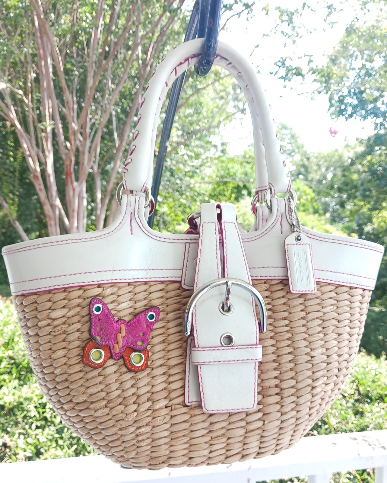 バッグ COACH Butterfly Straw Leather Tote Bag Auth COACH Butterfly Straw Bag 6270 Beige Pink Multi Straw