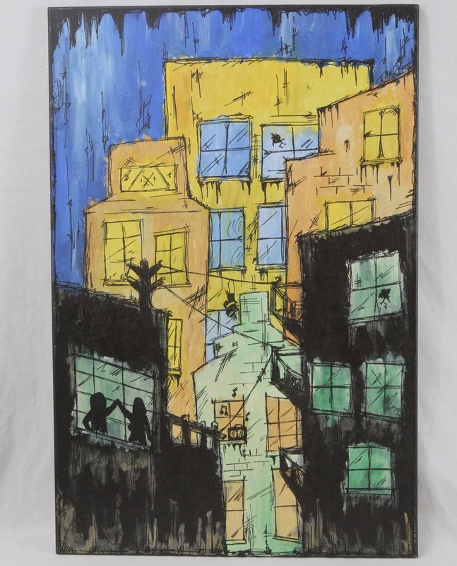 Colorful 24x36 Cityscape Painting 80’s Style Dancing Boombox New York Chicago