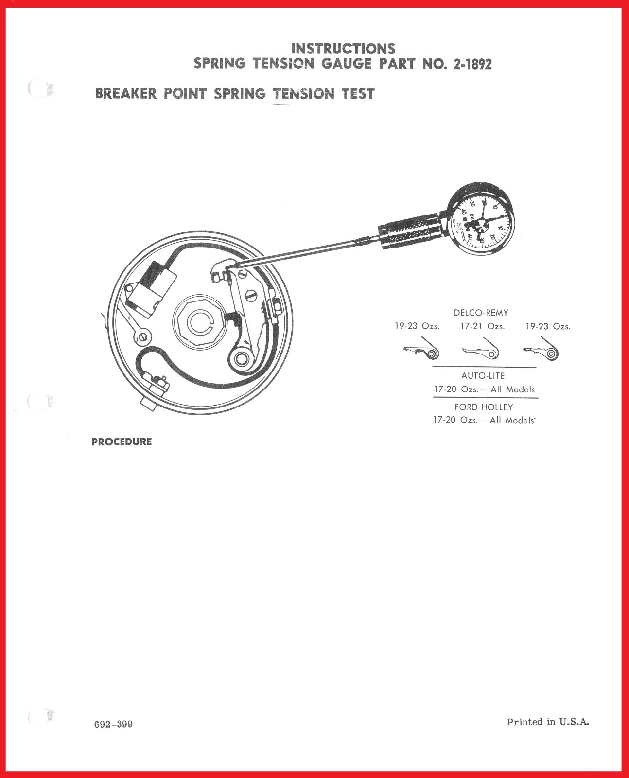 Sun Spring Tension Gauge Part No. 2-1892 Instructions Paper
