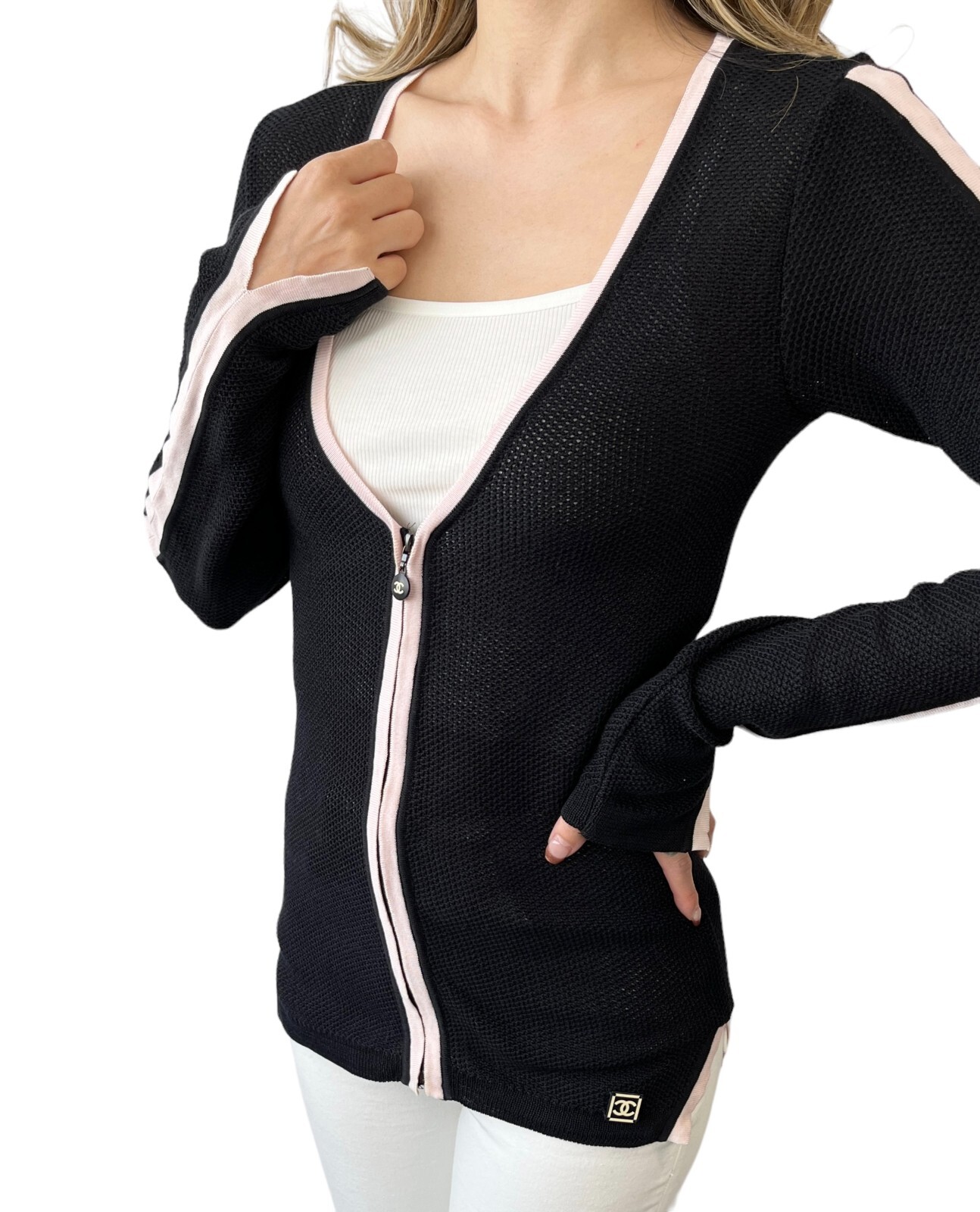 CHANEL Sport Vintage 03P CC Logo Mesh Zip Top #38 Knit