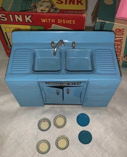 1950s Linemar Tin Litho 2pcs Little Miss Kitchen Pink Refrigerator + Sink Dishes