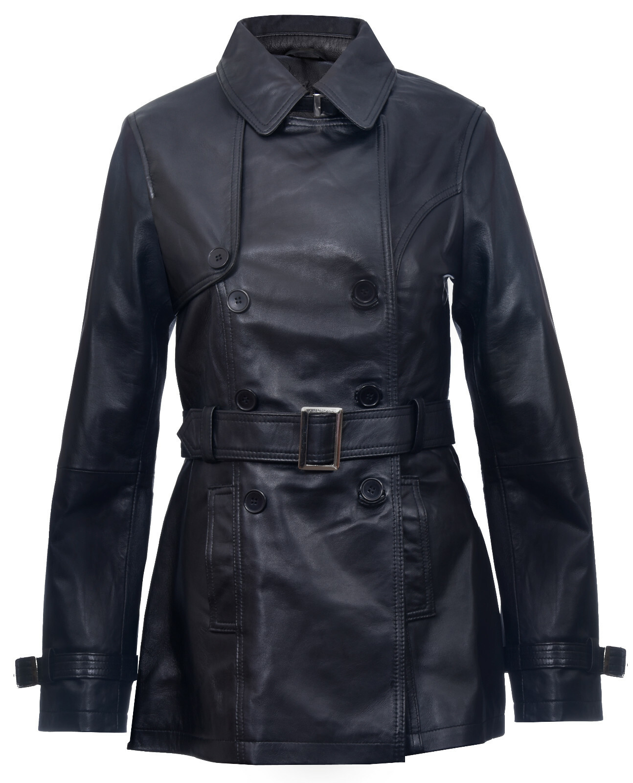 Pre-owned Infinity Ladies Leather Trench Coat Black Mid-length Coat Classic Leather Jacket