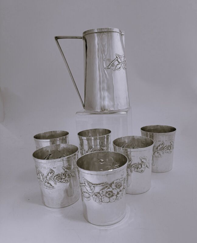 Hammered Sterling Silver Pitcher & Cup Set by Branimarte Firenze, Italy