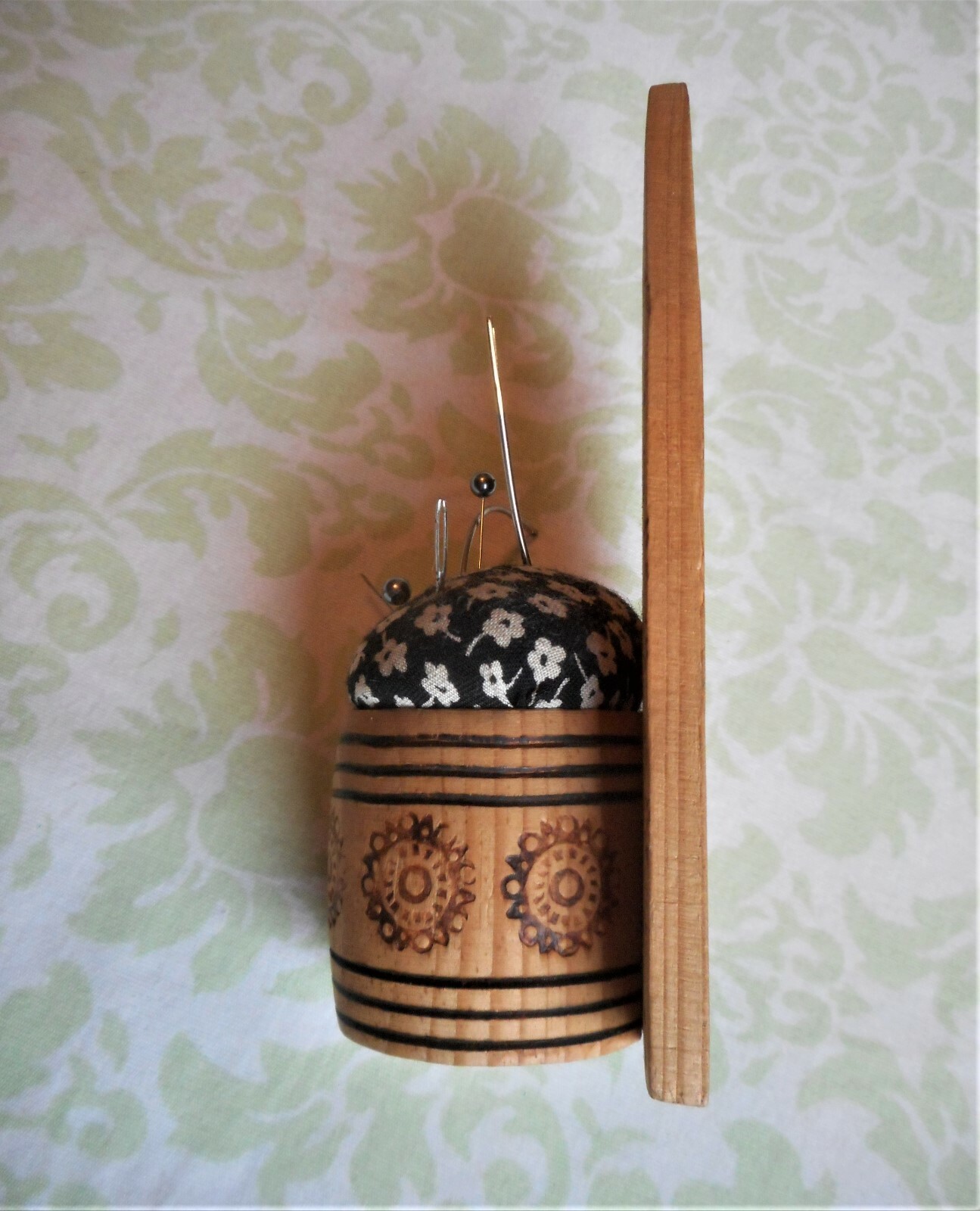 Unique Vintage Hand Crafted Wood Wooden Burn Carved Wall Art Hanging Pin Cushion