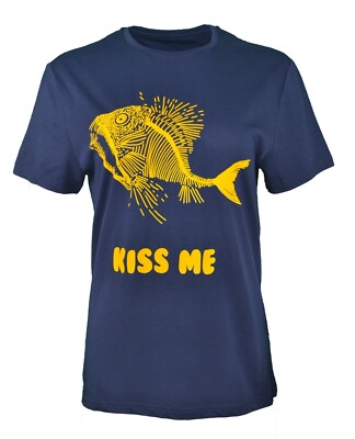 WOMEN'S VILEBREQUIN VELVET FISH KISS ME NAVY T-SHIRT FUNNY TROPICAL HOLIDAY RARE
