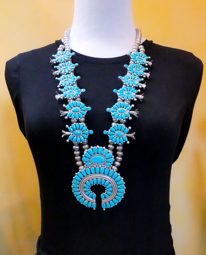 RARE Zuni Turquoise Cluster Squash Blossom Necklace Annie
