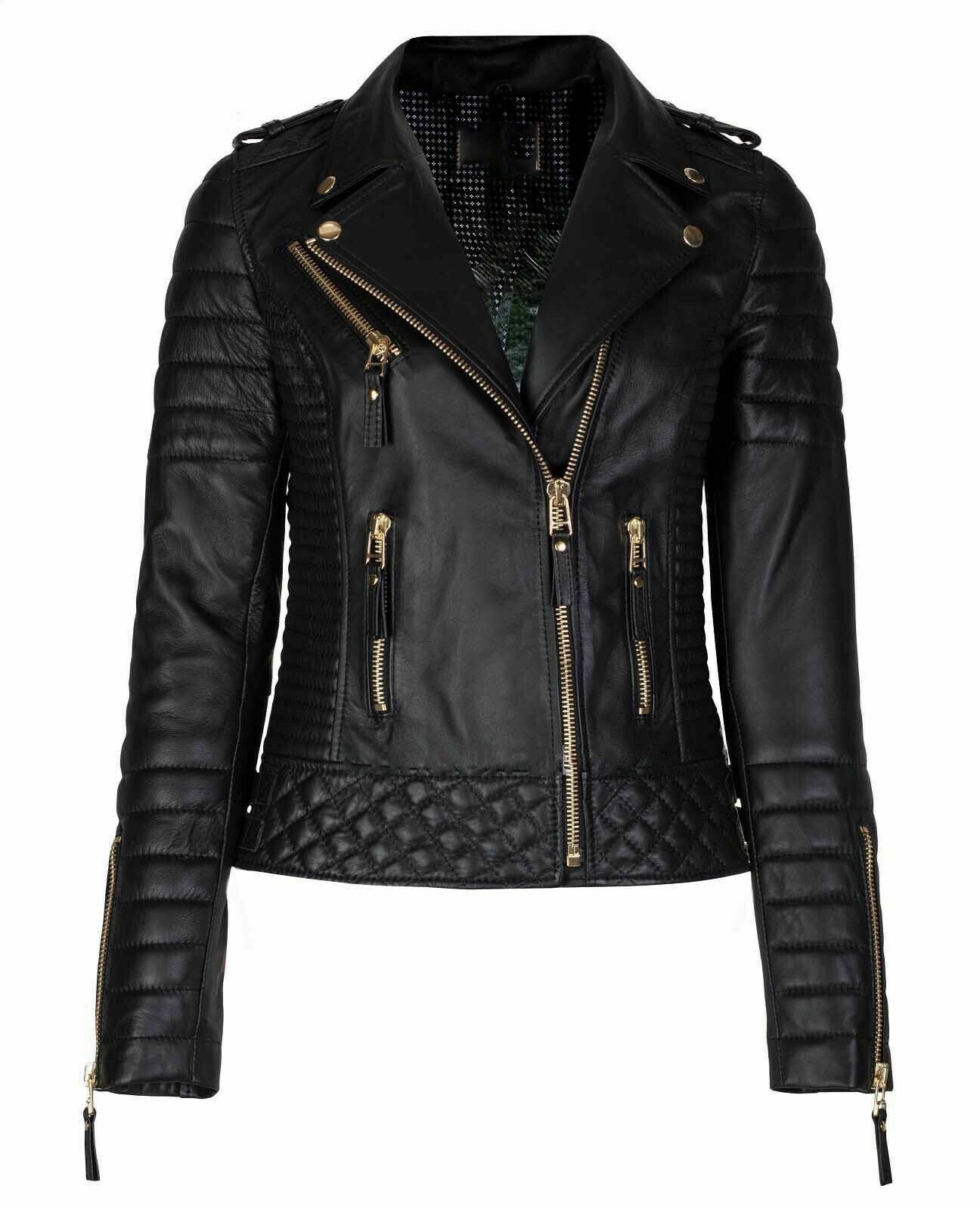 ÉPINE leather lady jacket black Womens Genuine Lambskin Leather Motor Biker Jacket Black
