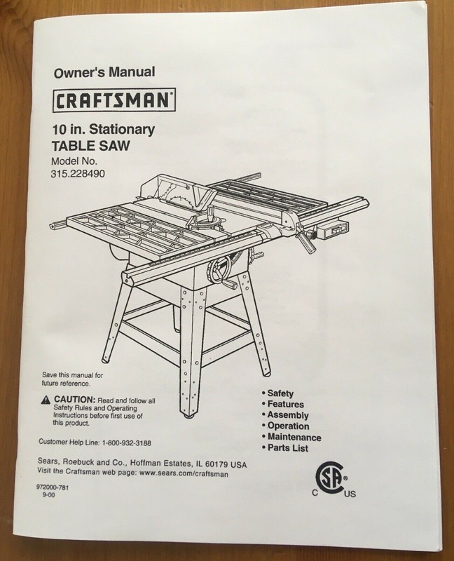 Craftsman 10” Table Saw Model 315.228490 Operating Instructions & Parts Manual