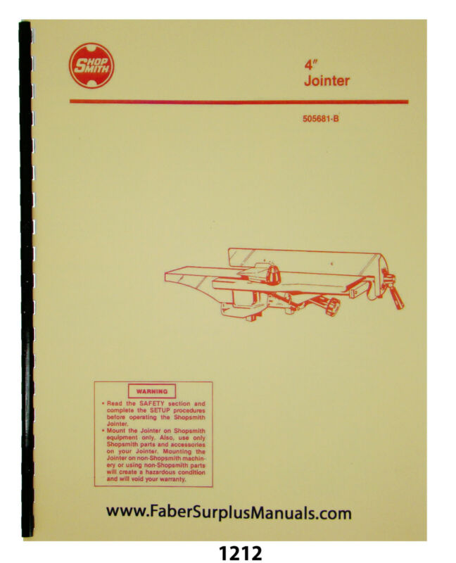 Shopsmith 4" Jointer 505681-b Operator & Parts List Manual #1212