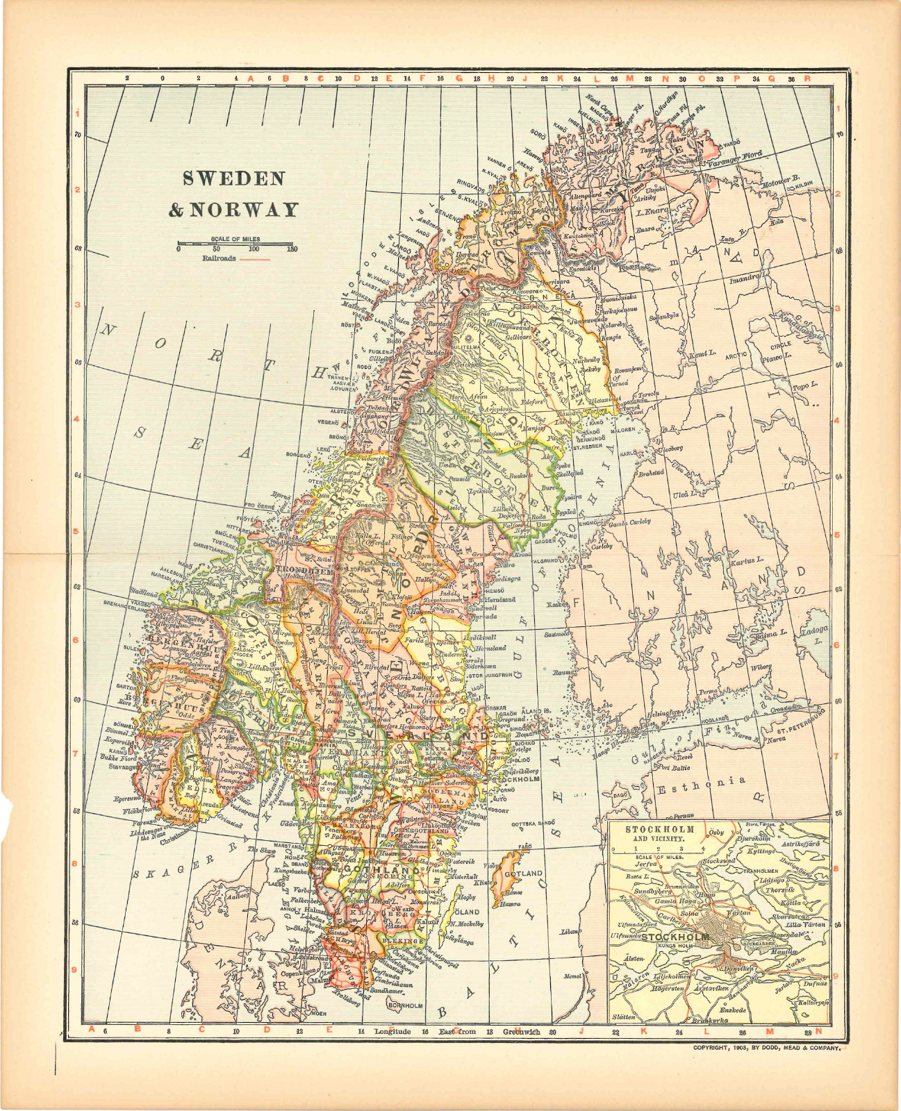 Original 1903 Antique Map Sweden Norway Dodd Mead & Co.12X10