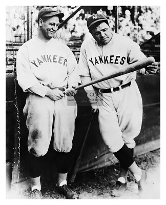 BABE RUTH AND LOU GEHRIG ADMIRING BASEBALL BAT NEW YORK YANKEES 8X10 PHOTO