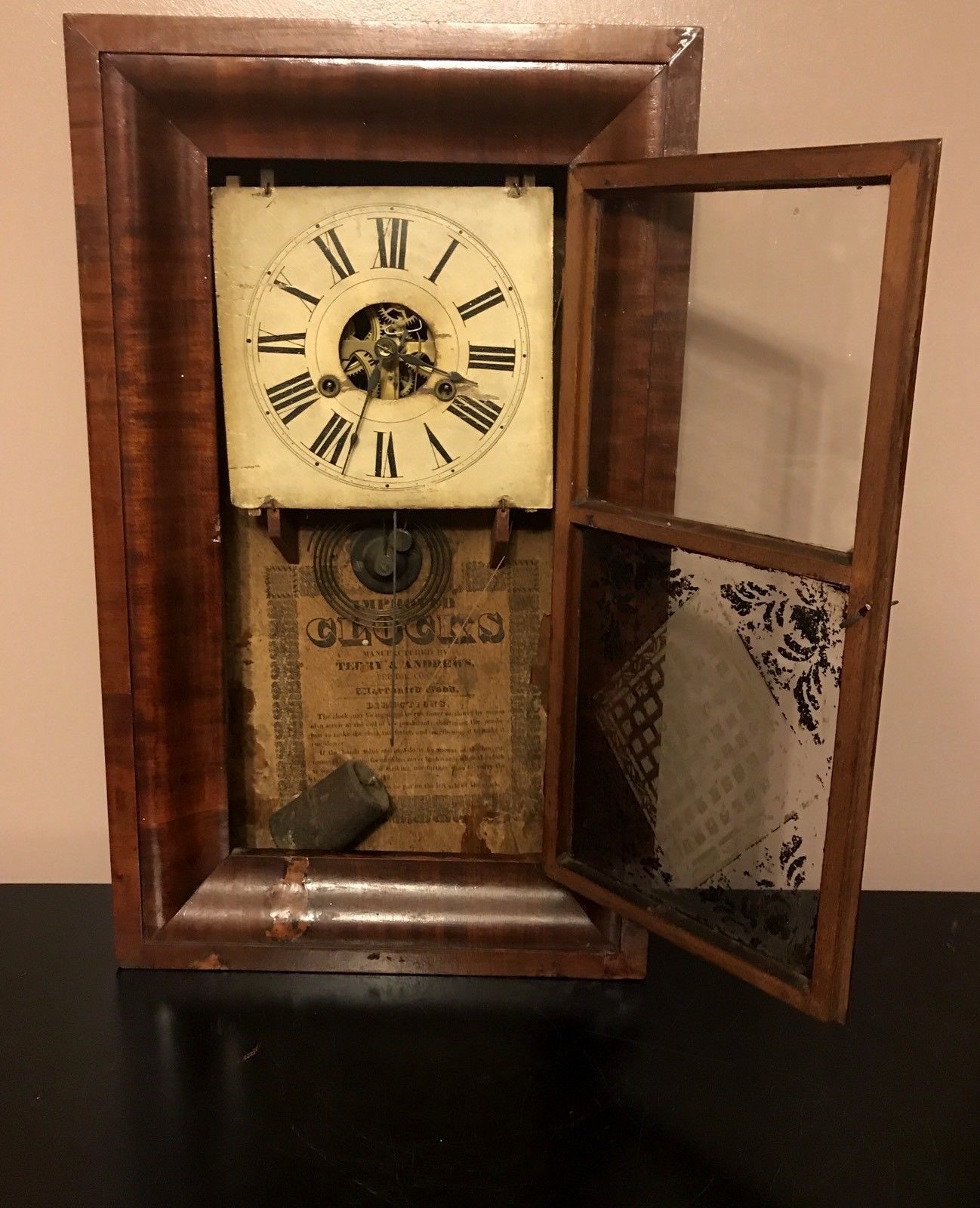 Terry Andrews MANTLE CLOCK ANTIQUE Mahogany Wood Painted Dial Glass Etched