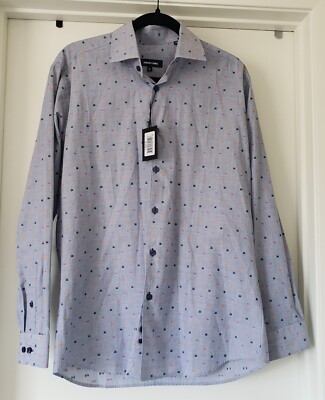 New Jared Land Men's Button Up Shirt Geometric Blue Long Sleeve Cotton Size M
