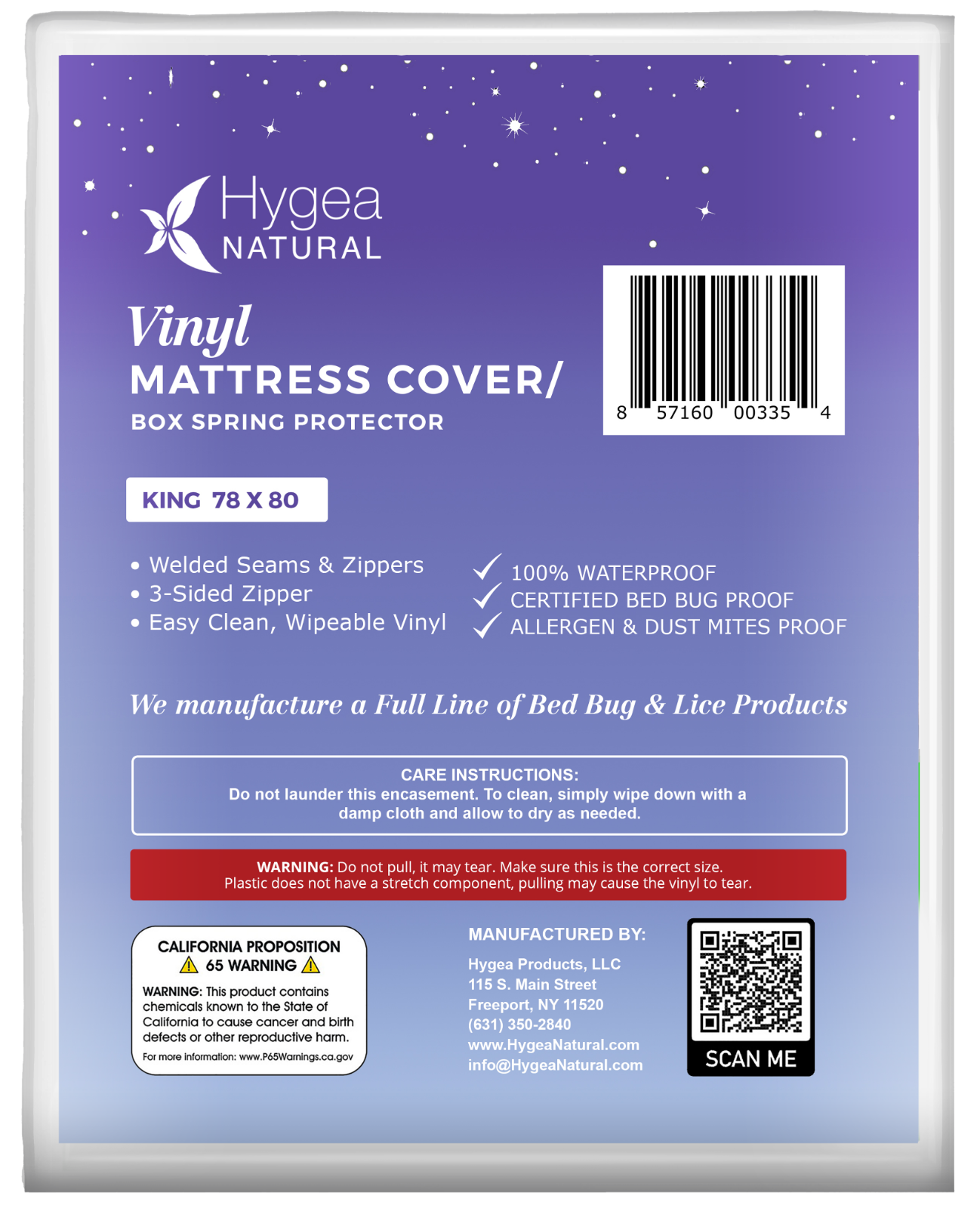 Hygea Natural Vinyl Bed Bug Waterproof Mattress Cover/Encasement 