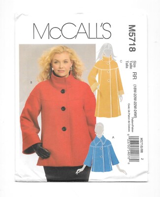 McCall's 5718,  Misses' Lined Jacket & Coat, Size RR 18W-24W, Sewing, Uncut