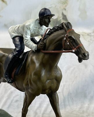 Jockey Equestrian Riding Horse Bronze Metal Sculpture Statue Painted PJ Mene Art