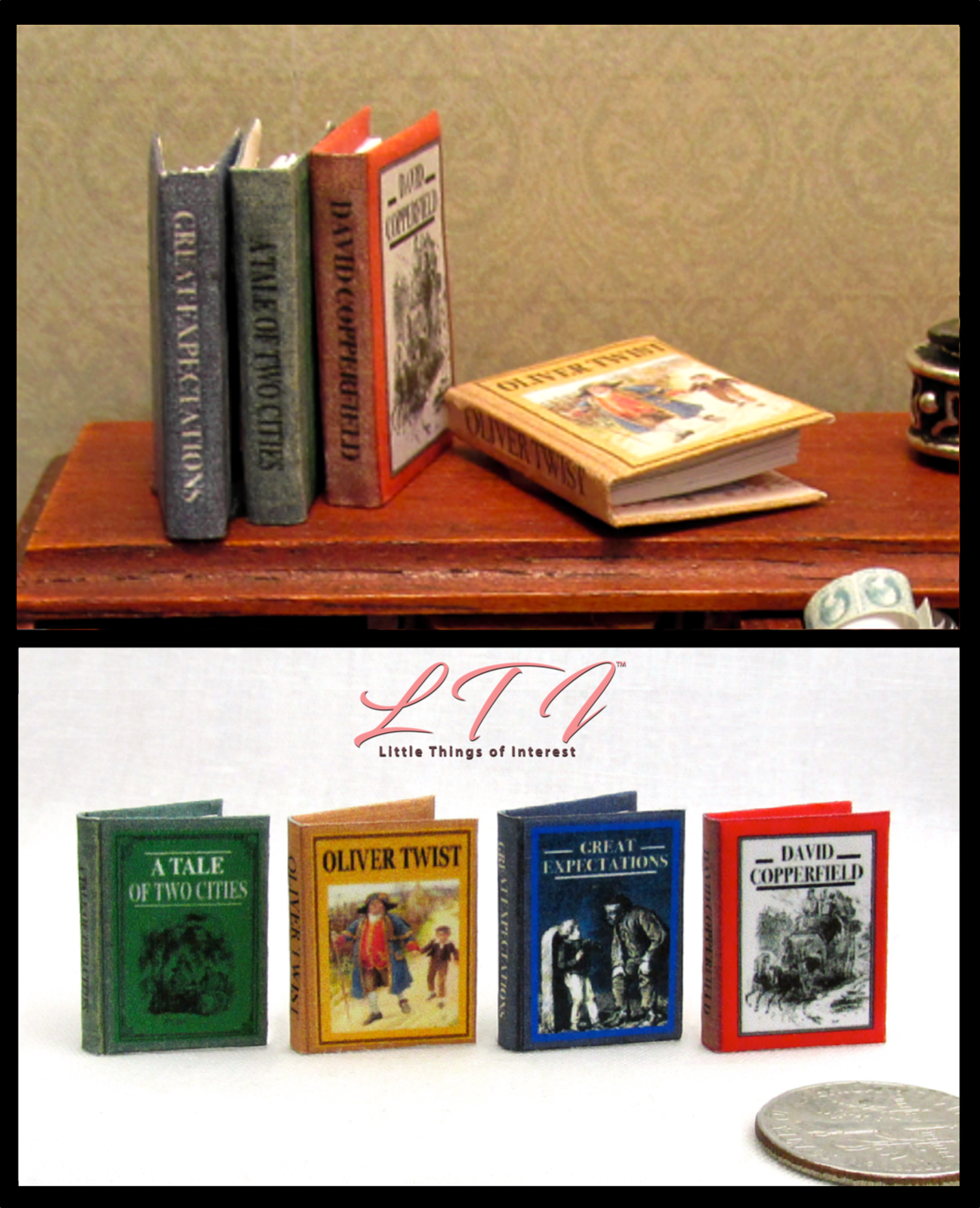 CHARLES DICKENS 4 Pc 1:12 Scale Miniature Readable Illustrated Books