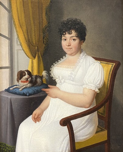 Exceptional c. 1810 French Empire Portrait of Lady & Dog on Pillow Oil on Canvas