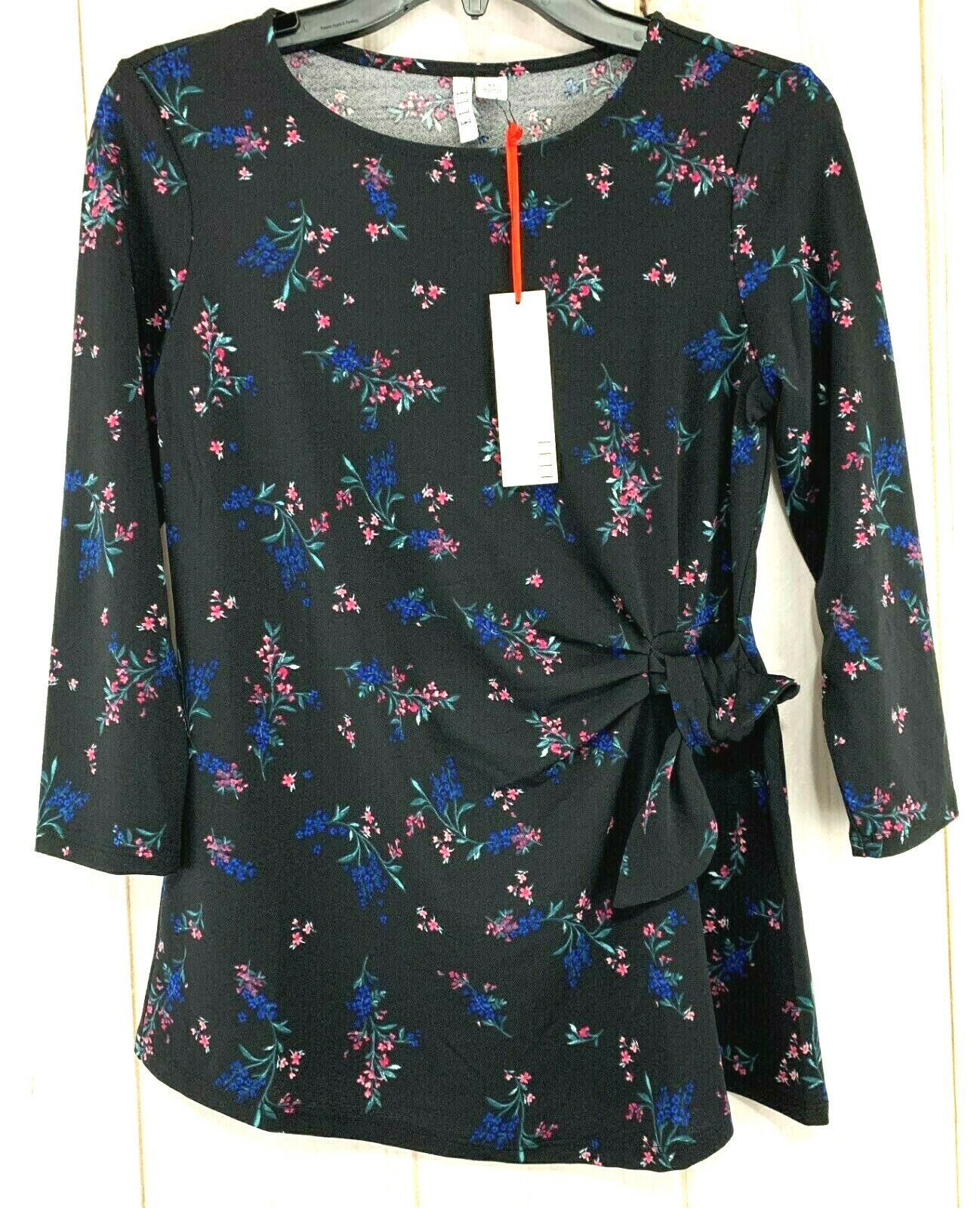 Elle ♥️ Womens ELLE Black Floral Top Tie Side Sz XS 3/4 Sleeve Scoop