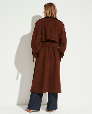Pre-owned Vince Belted Soft Wool Blend Lined Trench Coat, Mahogany, Small, Msrp $895 In Brown