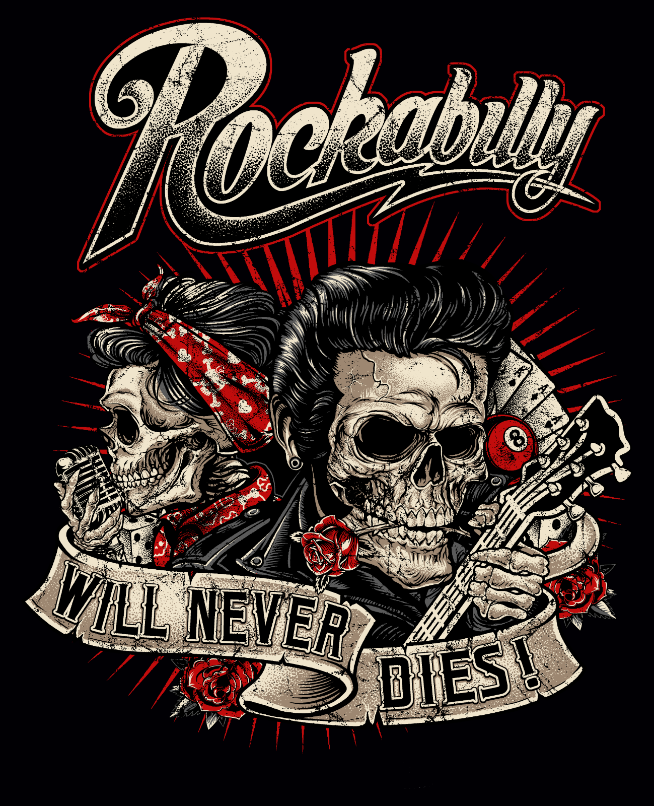Rock N Roll TShirt Oldschool Bedruckt Vintage Rockabilly Skull Rockabilly RBND