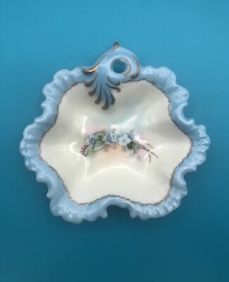Vtg 1969 Porcelain Hand Painted Trinket Dish Baby Blue Violets Scalloped Signed