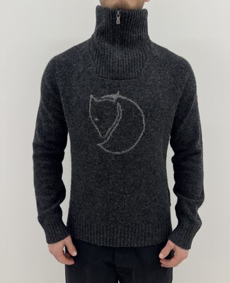 FJALLRAVEN Wool Red Fox Sweater Jumper 1/4 Zip Hiking Big Logo Gray Mens S