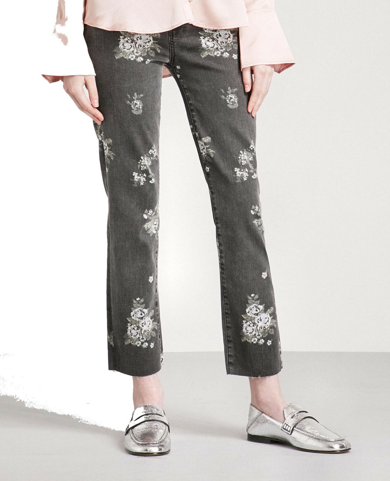 PAIGE Black Light Wash Hoxton Floral Print Straight Leg Jeans, Women's Size 24