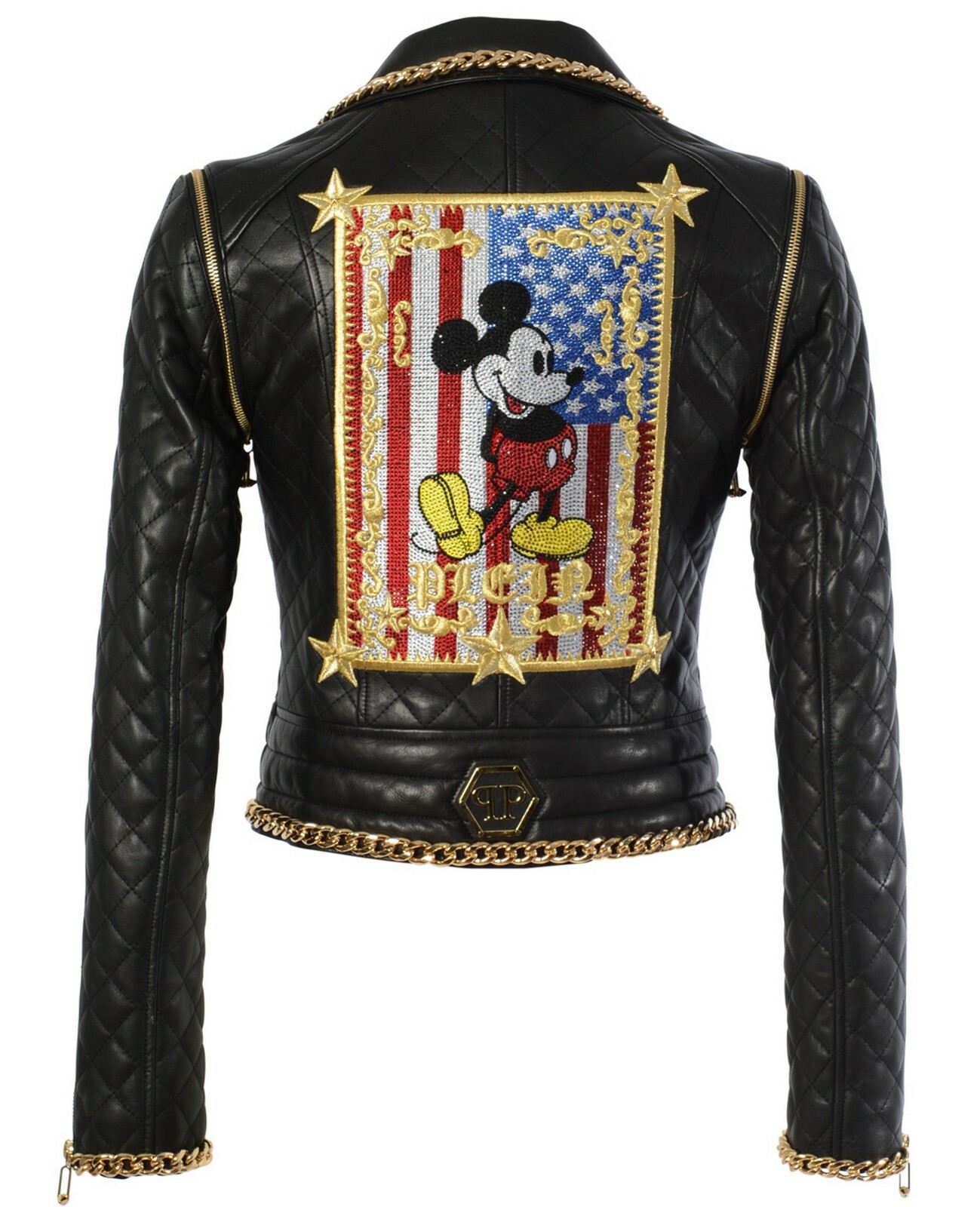 Pre-owned Philipp Plein Women's Genuine Leather Gold Trim Mickey Motorcycle Biker Jacket In Black