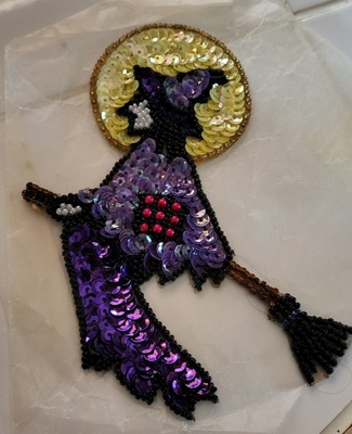 Vintage Halloween Sequin Patch Appliques Witch on a Broom