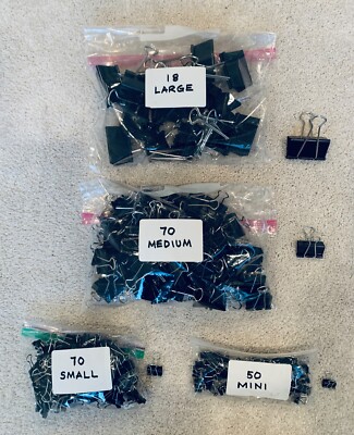 LOT OF 208 METAL BINDER BLACK FOLD BACK CLIPS  (18 LG/ 70 MED/ 700 SM/ 50 MINI).