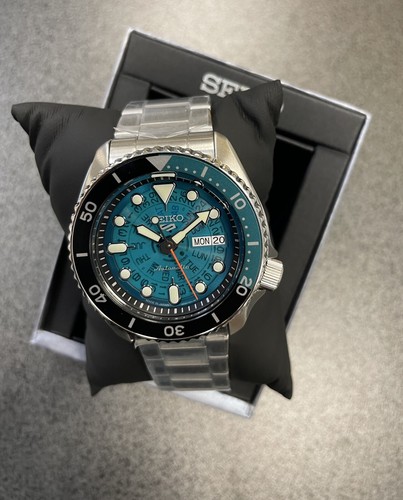 Pre-owned Seiko 5 Automatic Teal Transparent Dial Steel Bracelet Men's Watch Srpj45 Japan