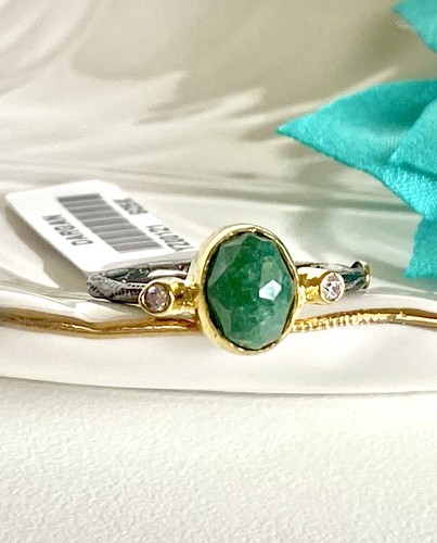 Antiqued Sterling Silver 22k Yellow Gold Green Quartz Ring Size 5/6.25 - Picture 7 of 8
