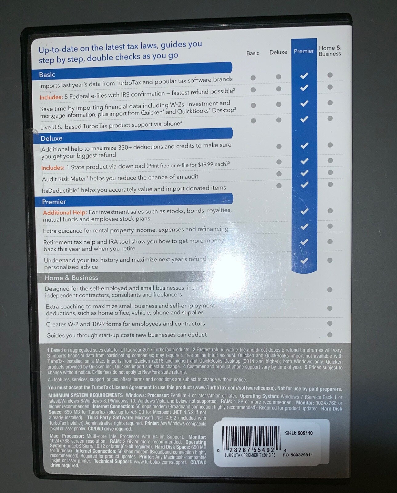Turbotax Premier Tax Software Disc 2018 Federal + E-file + State  PC/MAC Disc