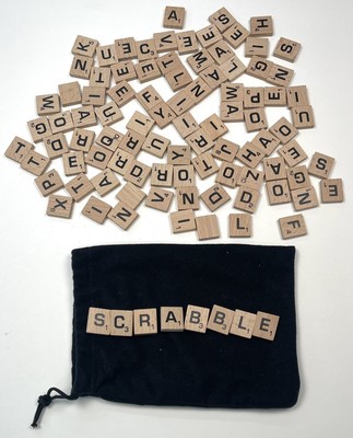 Lot of 100 Replacement Crafting Wood Letter SCRABBLE TILES & Black Velveteen Bag